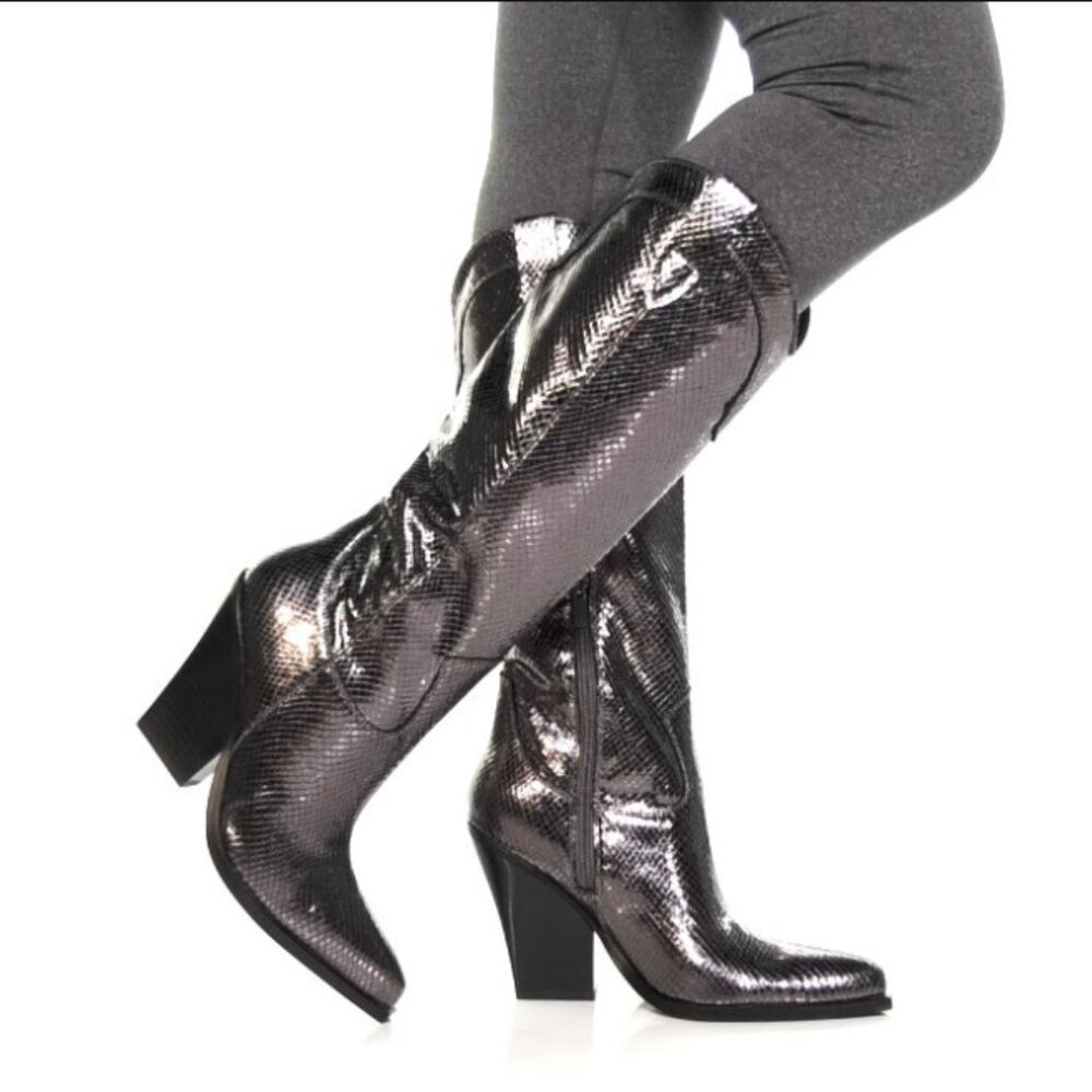 Marc Fisher Nalita Snakeskin Pewter Leather Women’s Western Boots, NWOB,…
